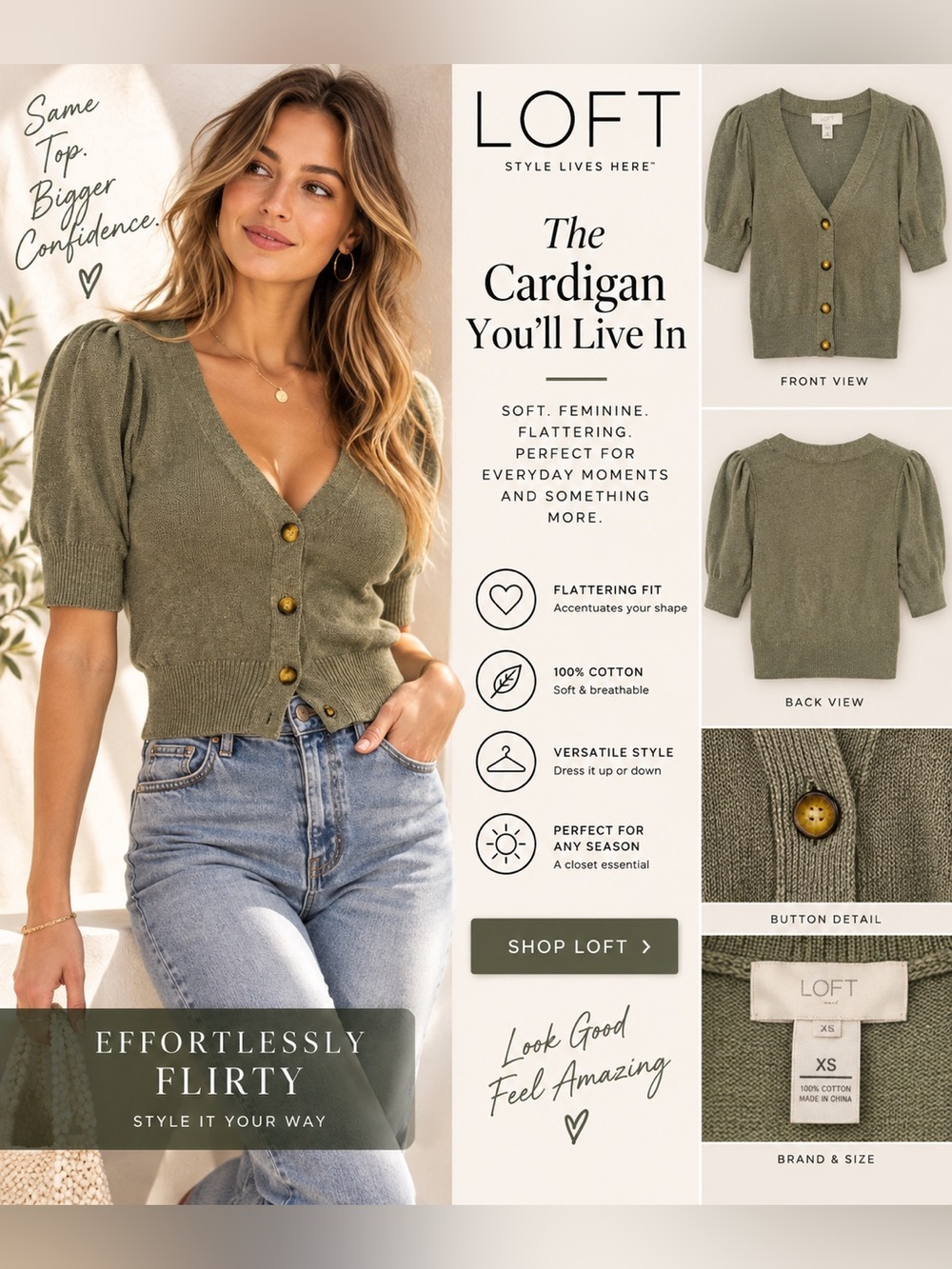 LOFT Olive Puff-Sleeve Button Front Cardigan Sweater size XS